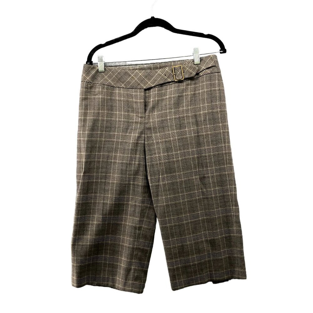 LOFT Marisa Wide Leg Crop Dress Pants Womens 8P Brown Plaid Wool Blend Buckle